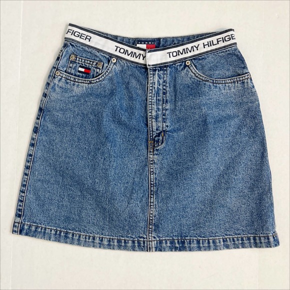 Vintage 90s Tommy Hilfiger Logo Waistband Denim Mini Skirt 8 - Picture 7 of 7